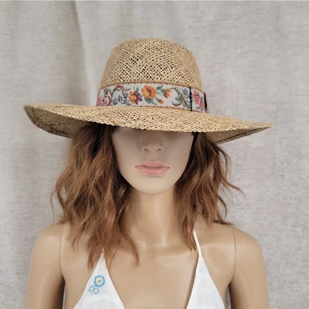 Bruce and Marci Sun Hat Antique Primrose Tapestry Ribbon Band Wide Brim Straw